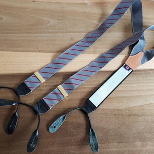 Vintage Thurston England Gray and Red Striped Braces Suspenders 1990s Leather Brass Grosgrain Made in England