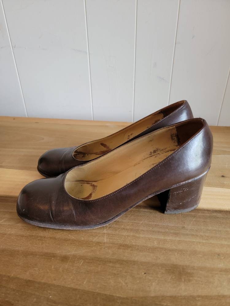 Vintage Brown Leather Chunky Heels Size 7 1970s as Is - Etsy