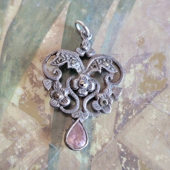 Vintage Sterling Silver Pink Stone and Marcasite … - image 1