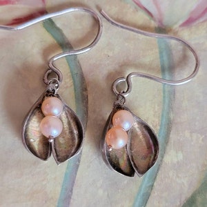 Vintage Hand Made Sterling Silver and Freshwater Pearl French Hook Earrings 1990s Pierced Ears