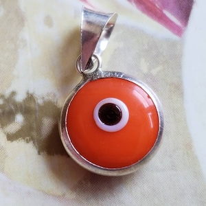 Vintage Sterling Silver Orange Glass Evil Eye Mati Pendant