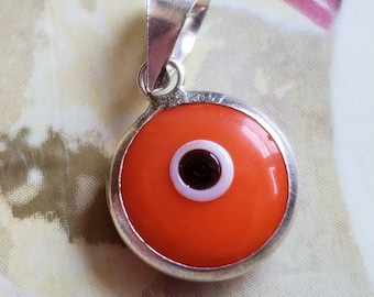 Vintage Sterling Silver Orange Glass Evil Eye Mati Pendant