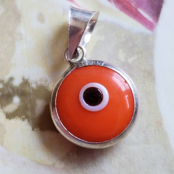 Vintage Sterling Silver and Glass Mati Pendant Evil Eye Protection Pendant Greece Greek Hand Made Orange