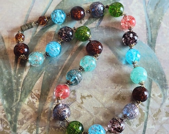 Vintage Multi Color Glass Bead Necklace with Gold Flecks