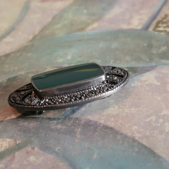 Vintage Sterling Silver Green and Marcasite Brooc… - image 2