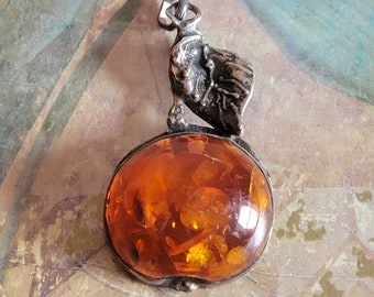 Vintage Sterling Silver and Amber Orange Pendant with Leaves 925