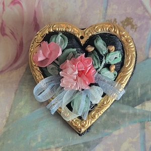 Vintage Hand Made Heart Ribbon Flowers Pin or Brooch
