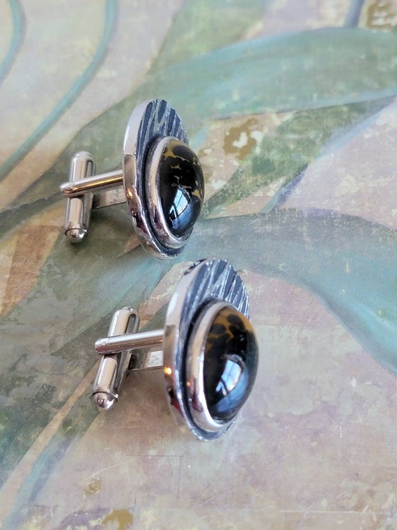 Vintage Cufflinks Cuff Links Silver Tone Metal Bl… - image 2