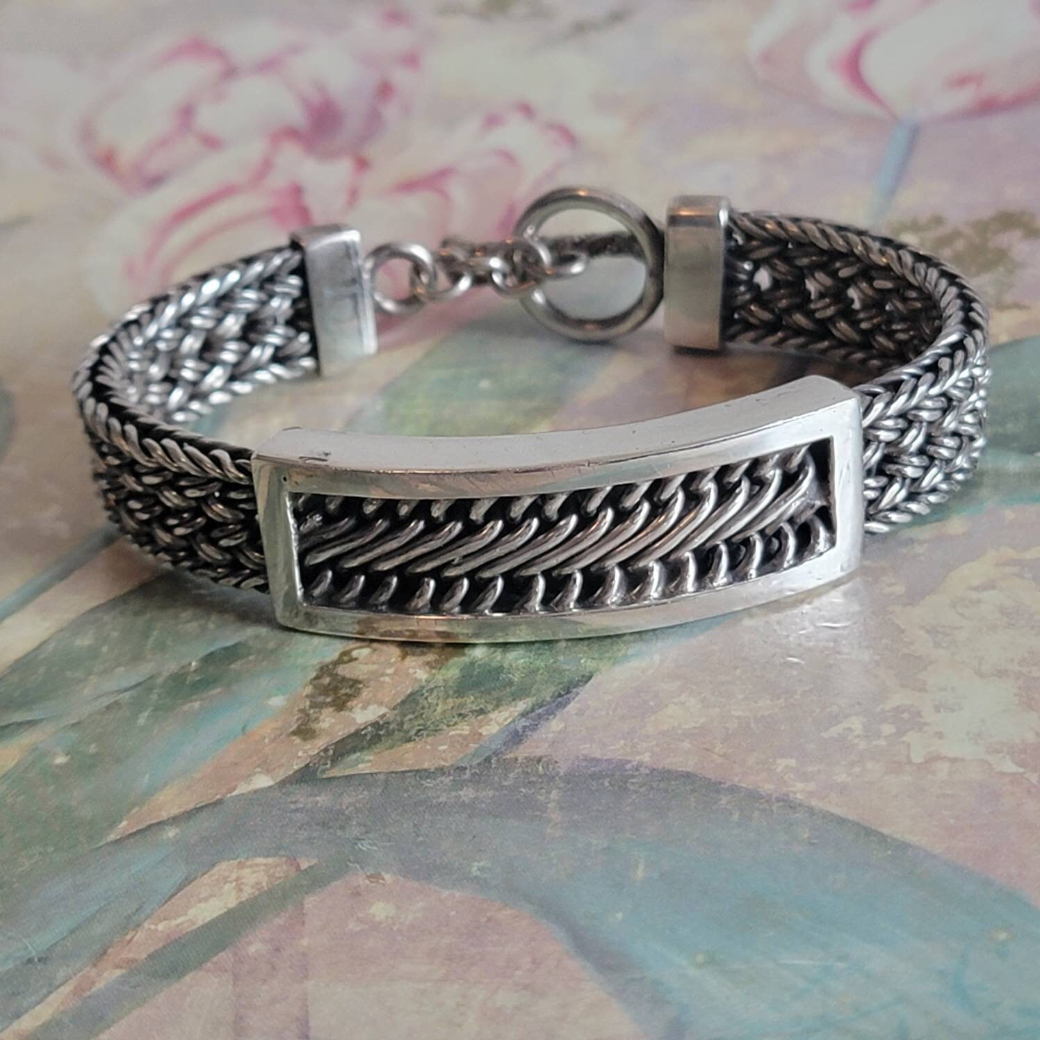 Vintage KC Indo Sterling Silver Large Men's Bracelet Toggle Clasp Jewelry