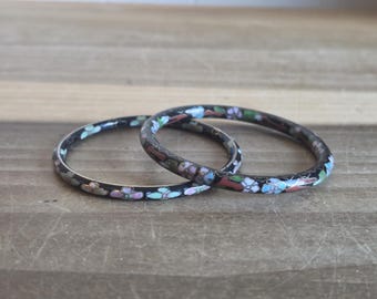 Vintage Floral Cloisonne Black Bangle Bracelet Pastel Accessory