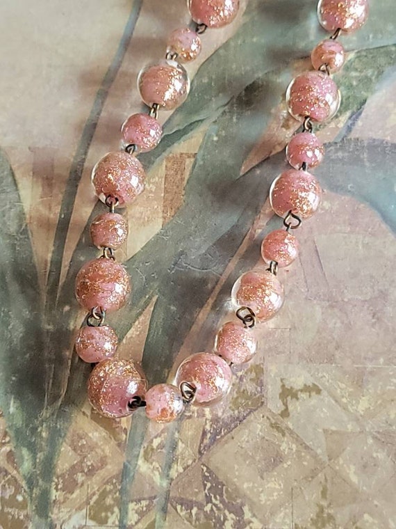 Vintage Pink Glass Beads with Gold Flecks and Gol… - image 8