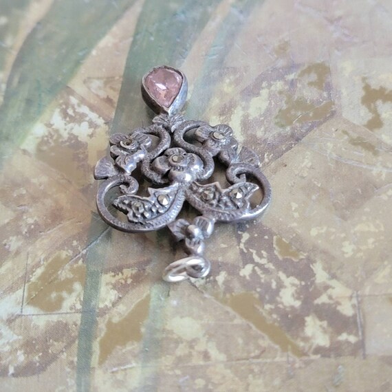 Vintage Sterling Silver Pink Stone and Marcasite … - image 5