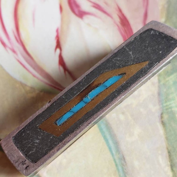 Vintage Taxco Los Castillo Sterling Silver Turquoise Mixed Metal Money Clip Hallmarks Maker's Mark Signed Made in Mexico Nix Negro 0 30P