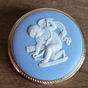 Vintage Jasperware Wedgwood Blue with Cupid Eros Heart Brooch Pin Pendant Made in England Valentine&#39;s Day