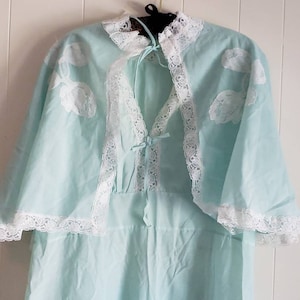 Vintage Light Blue Sleeveless Cotton Nightgown With Matching Caplet and White Lace 1960s