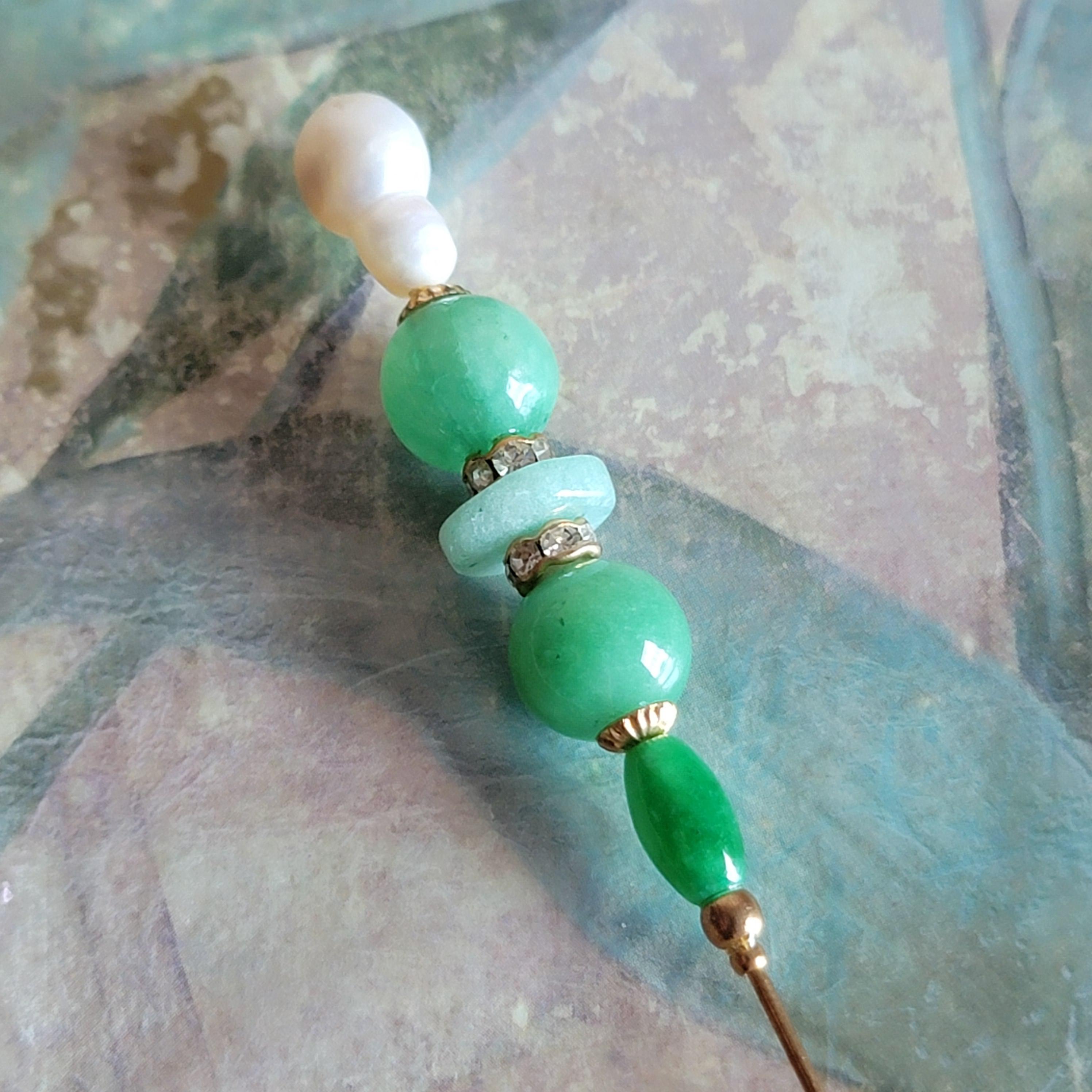 Vintage Freshwater Pearl Green Beads Hat Pin - Etsy display picture 1