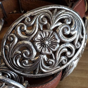 Vintage Brighton Leather Belt 1993 Engraved Silver Floral Buckle Western Boho il_1080xN.549263564_87fe.jpg main image 2