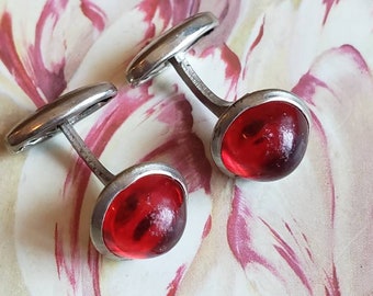 Vintage Red and Silver Tone Metal Cufflinks Cuff Links Mens Accessory French Cuffs Father's Day Wedding Groom As Is