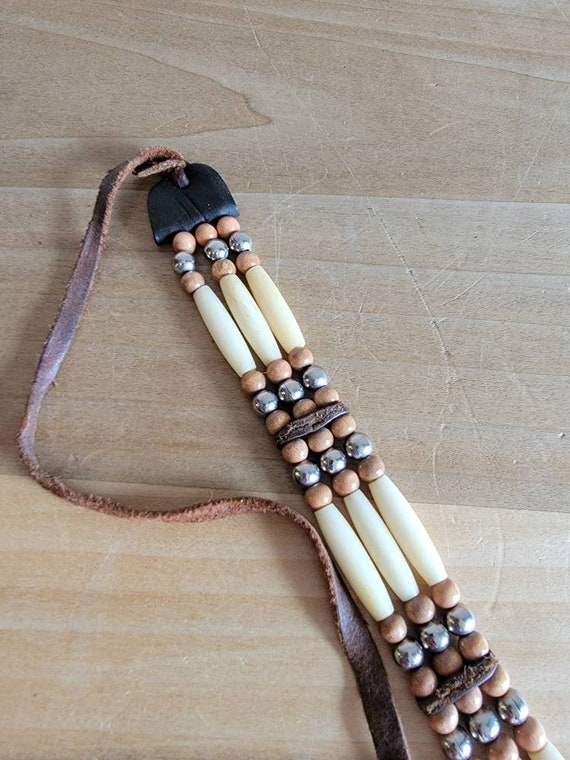 Vintage Handmade Bone Choker: Wooden & Silver Tone Beads, 1980s Leather View 4