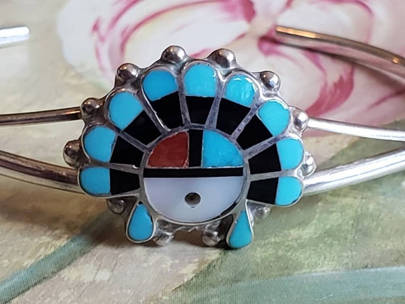 Best Vintage Native American Zuni Turquoise Mosaic Wall Turquoise Sterling Silver Bracelet Best Vintage Native American Zuni Turquoise Mosaic Wall Turquoise Sterling Silver Bracelet