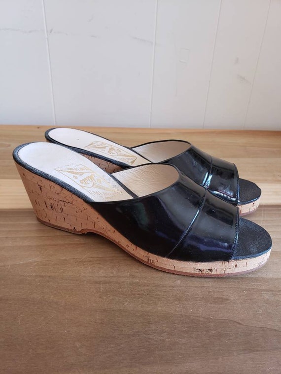 Vintage Greek Patent Leather Cork Wedge Mules Shoes Size 8 or 