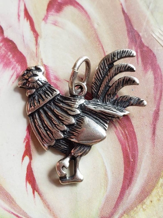 Vintage Sterling Silver Rooster Fowl Pendant 1980s - image 1