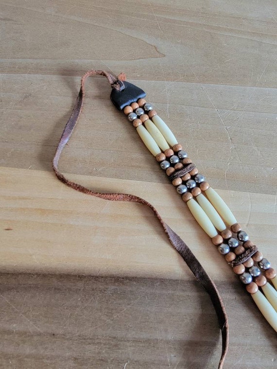 Vintage Handmade Bone Choker: Wooden & Silver Tone Beads, 1980s Leather View 3