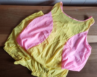 Vintage Never Worn Yolande 2 Piece Lounge Pajama Set Ladies Size Small Yellow and Bubblegum Pink Color Block Tank Top and Shorts Nylon