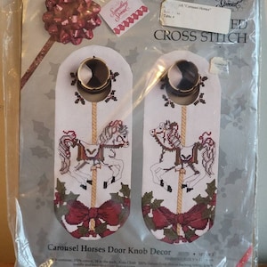 Vintage Dead Stock Something Special Carousel Horses Door Knob Decor Christmas Cross Stitch Kit Pattern Christmas Yuletide 1988