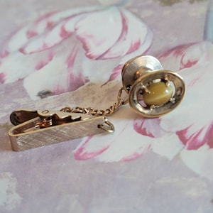 Vintage Golden Stone and 1/20 12 Karat Gold Filled Tie Tack Tie Clip Combination