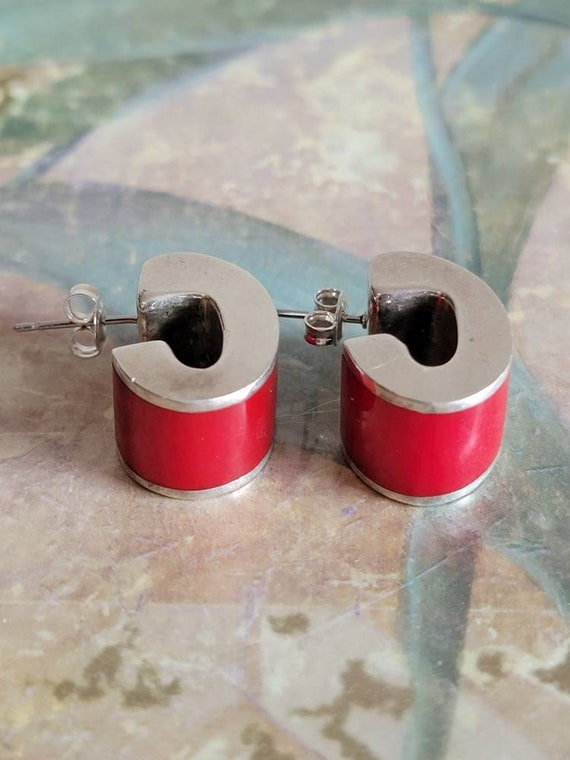 Vintage Sterling Silver and Red Enamel Curved Dro… - image 6