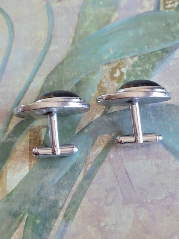 Vintage Cufflinks Cuff Links Silver Tone Metal Bl… - image 3