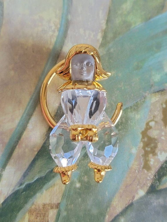 Vintage Swarovski Crystal Memories Gold Tone Metal with Clear Crystal Seated Moon Child Pin or Brooch