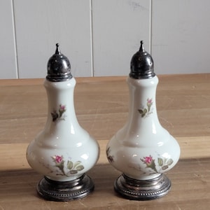 Vintage Rosenthal Sterling Silver and Porcelain Moss Rose Pattern Salt and Pepper Shakers Made in Germany