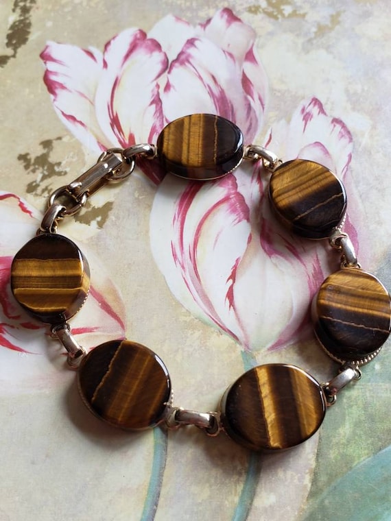 Vintage Tiger Eye and Gold Tone Bracelet 1960s Oval B… Gem