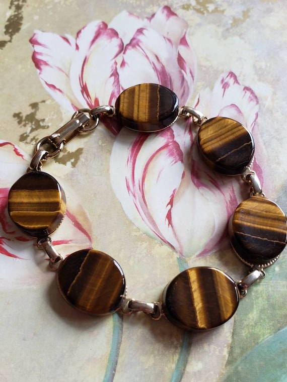 Vintage Tiger Eye and Gold Tone Bracelet 1960s Ov… - image 1