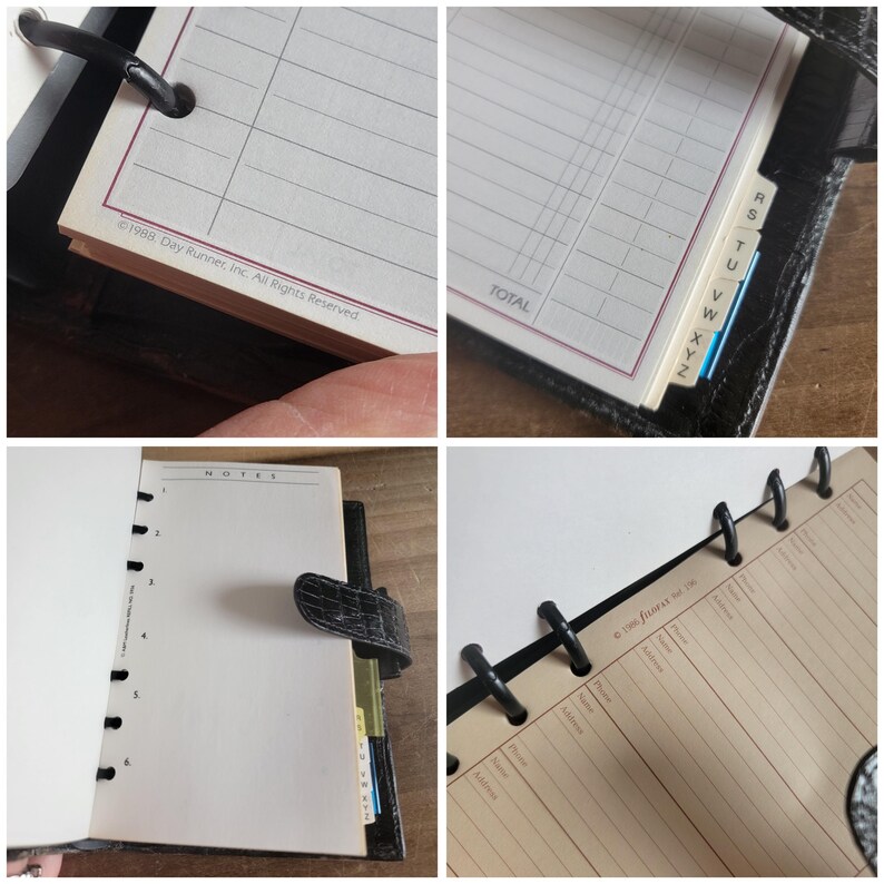 Puede incluir: Una agenda encuadernada en cuero negro con un archivador de anillos de pl&aacute;stico negro. La agenda tiene una secci&oacute;n de notas, una secci&oacute;n de agenda diaria y un &iacute;ndice alfab&eacute;tico. La agenda tiene el texto "&copy; 1988 Day Runner, Inc. All Rights Reserved." impreso en la parte inferior de la p&aacute;gina.