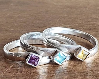 Vintage Set of 3 Sterling Silver Stacking Rings Maker's Mark Blue Topaz Citrine Amethyst