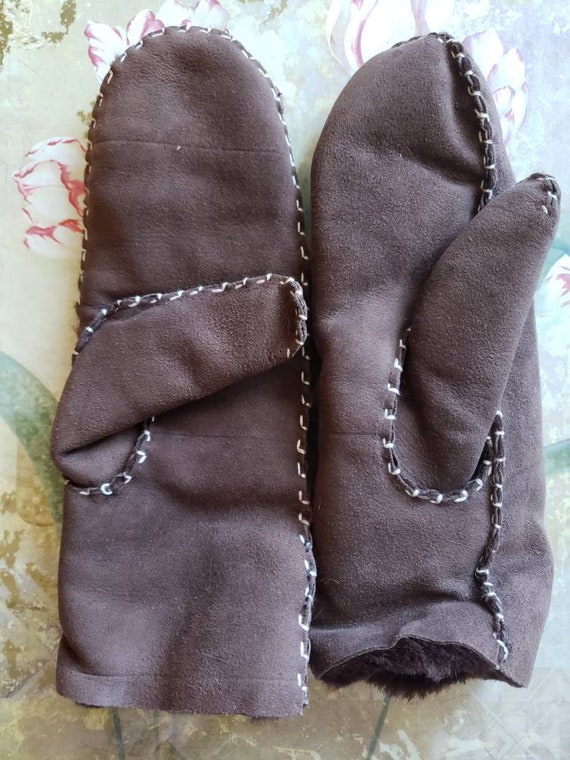 Vintage Brown Suede Leather Shearling Winter Mitt… - image 2