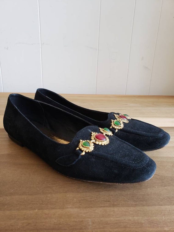 Vintage Joan and David Black Suede Flats with Gol… - image 1