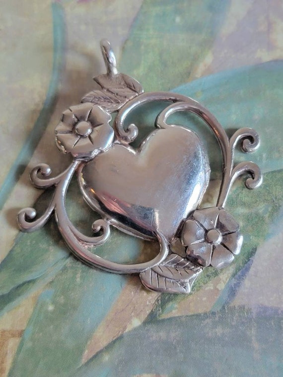 Vintage Jezlaine Sterling Heart with Flowers and … - image 1