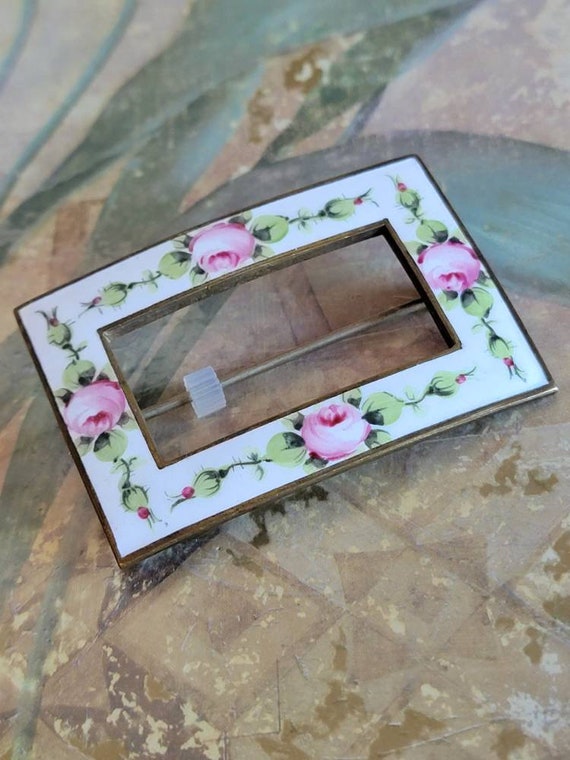 Vintage White Enamel Pin or Brooch Painted Pink F… - image 2