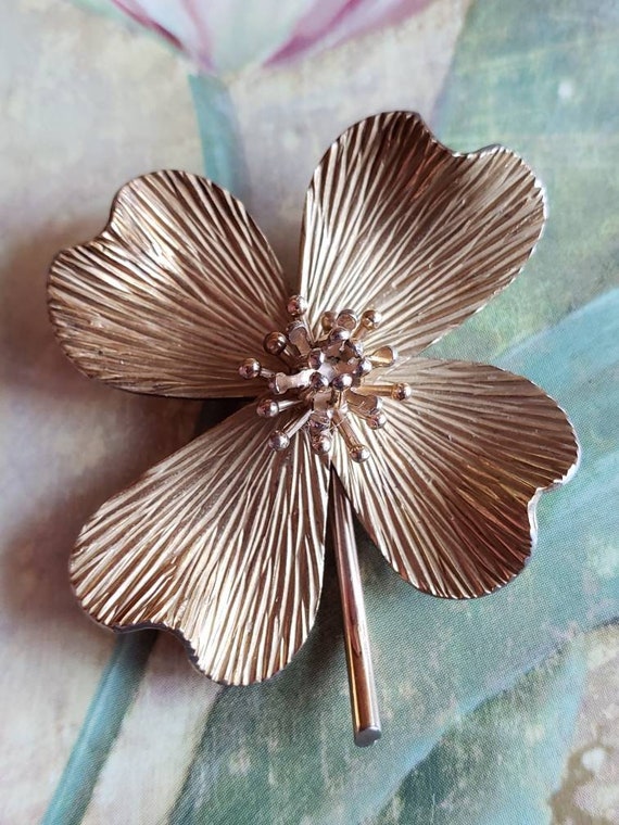 Vintage Krementz Dogwood Flower Brooch Pin Signed Gold Overlay