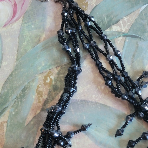 Vintage Black Seed Bead Fringe Necklace - Gem