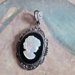 Vintage Sterling Silver Mother of Pearl and Onyx and Marcasite - Main Image