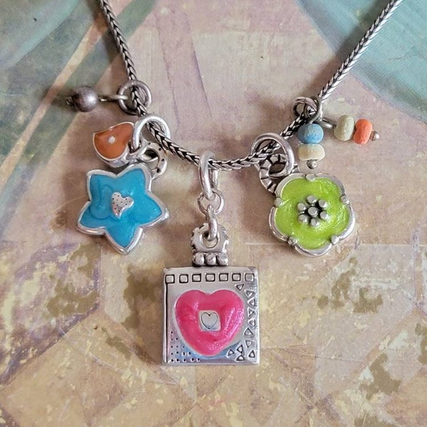 Vintage Brighton Silver Tone Metal and Enamel Charms Pendant Necklace Heart Clasp Star Flower Hearts