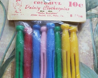 Vintage Dead Stock Colorful Dainty Clothespins Original Package Gag Made in the USA Plastic