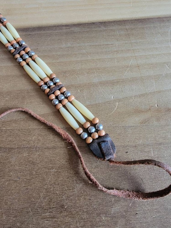 Vintage Handmade Bone Choker: Wooden & Silver Tone Beads, 1980s Leather View 2