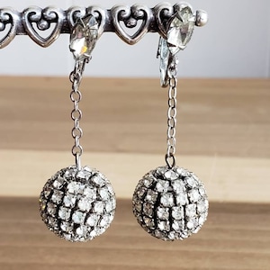 Vintage Silver Tone Metal and Clear Rhinestones Faceted Clip On Sphere Earrings Bride Bridal Something Old Dangling
