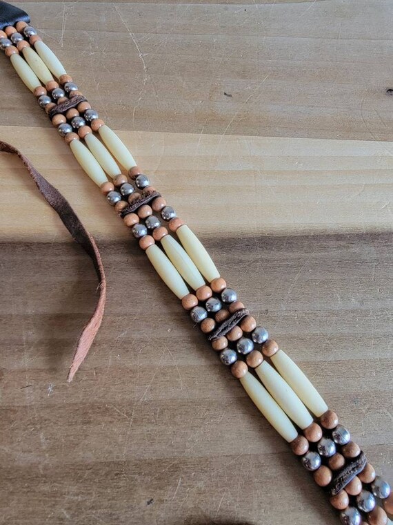 Vintage Handmade Bone Choker: Wooden & Silver Tone Beads, 1980s Leather View 6